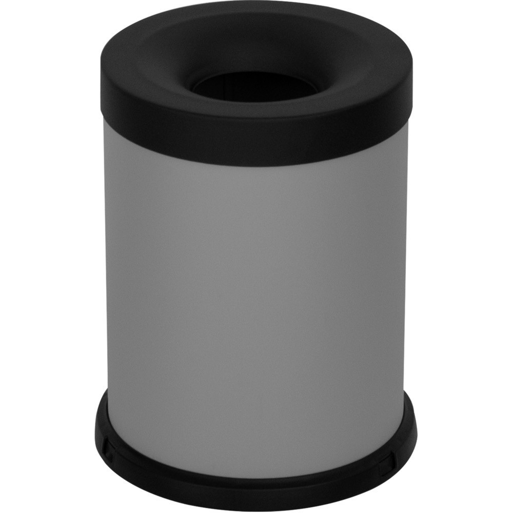 Grauer, feuerfester Abfallbehälter mit 15 Litern Fassungsvermögen, Vorderansicht, Büro