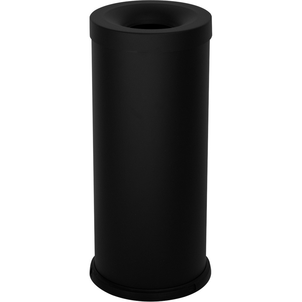 Schwarzer, feuerfester 25-Liter-Abfallbehälter, Vorderansicht, robuster Stahl Schwarzer, feuerfester 25-Liter-Abfallbehälter, Vorderansicht, robuster Stahl