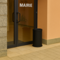 Black 25-litre fireproof waste bin, front view, office