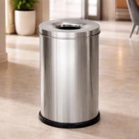 Self-extinguishing stainless steel waste bin, 40 liters, side view, office