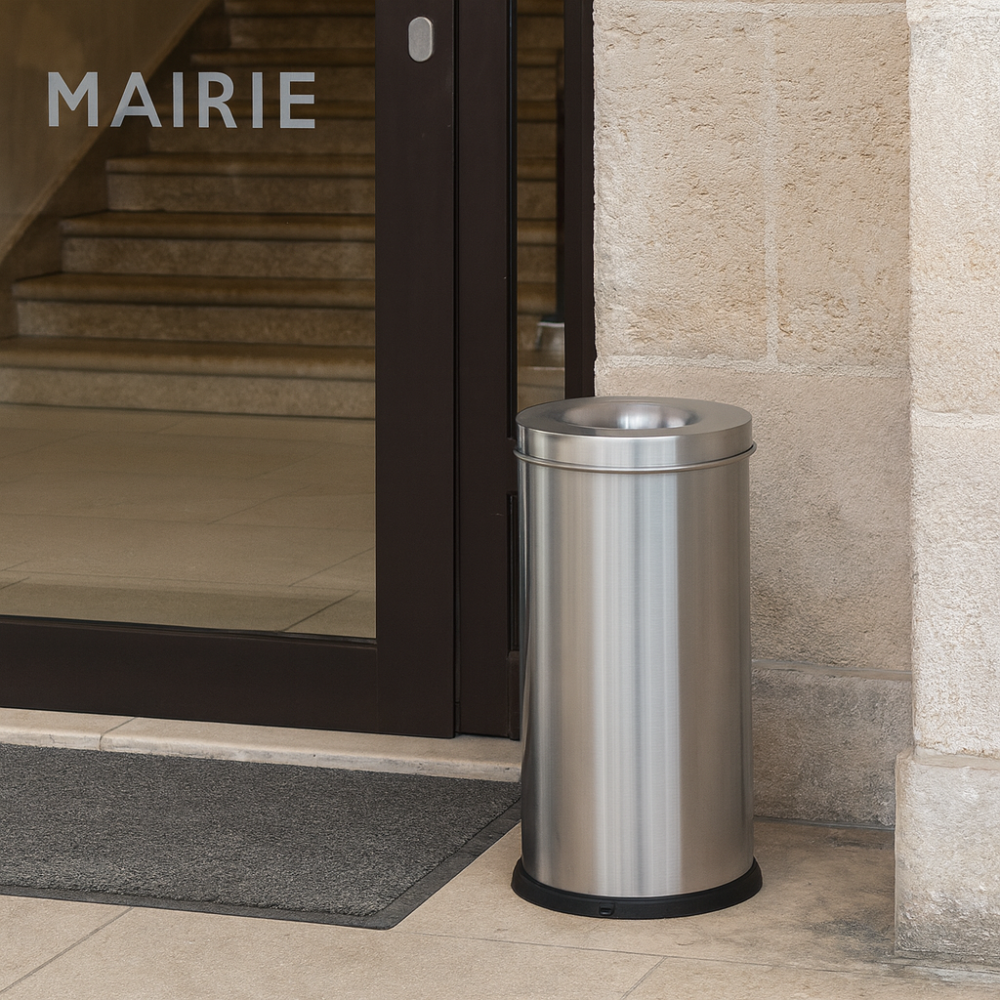65-litre stainless steel fireproof bin, side view, office