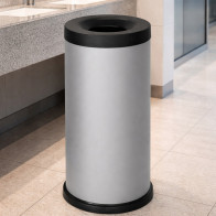 Grey 40-litre fireproof bin, front view, office