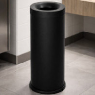 Black 65-litre fireproof bin, front view, made of robust steel