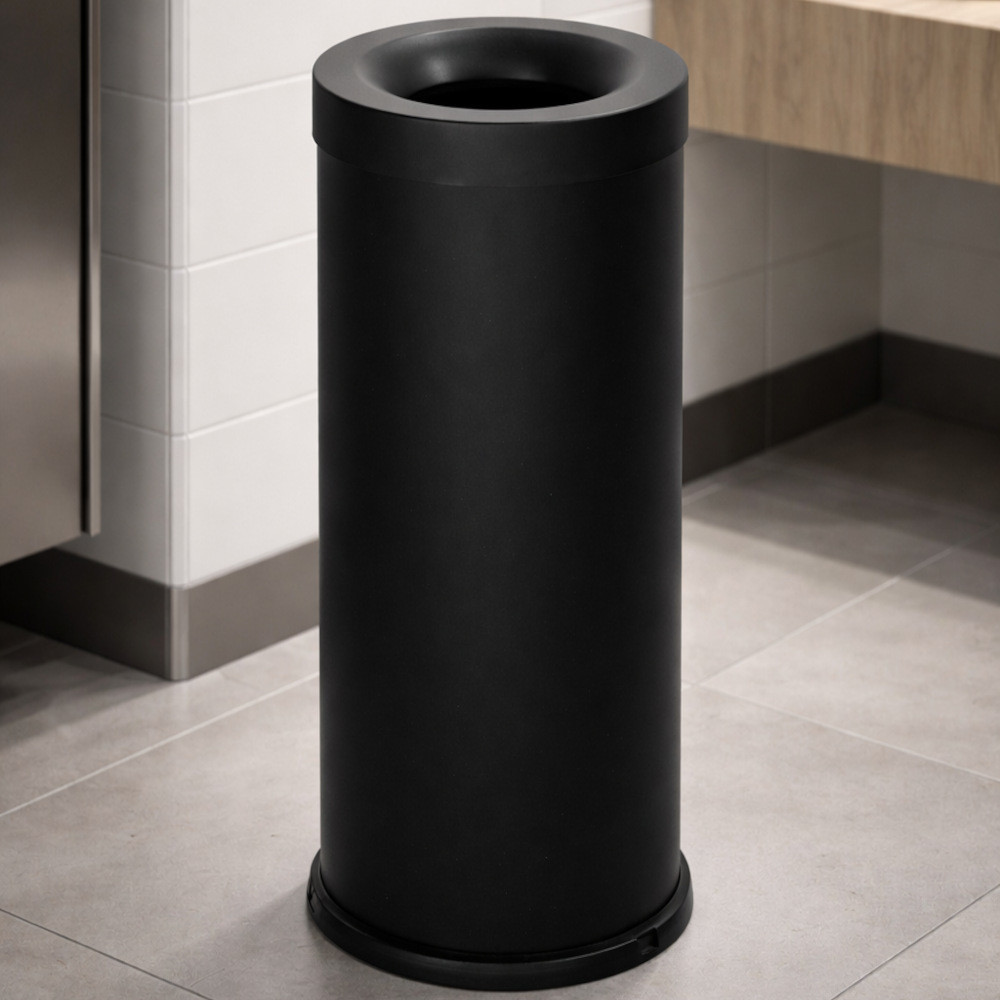 Black 65-litre fireproof bin, front view, made of robust steel