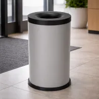 Grey 75-litre steel fireproof bin, front view, office