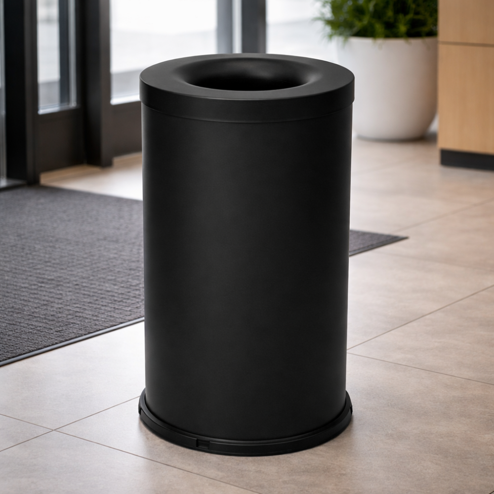 Black 75-litre fireproof bin, side view, solid steel