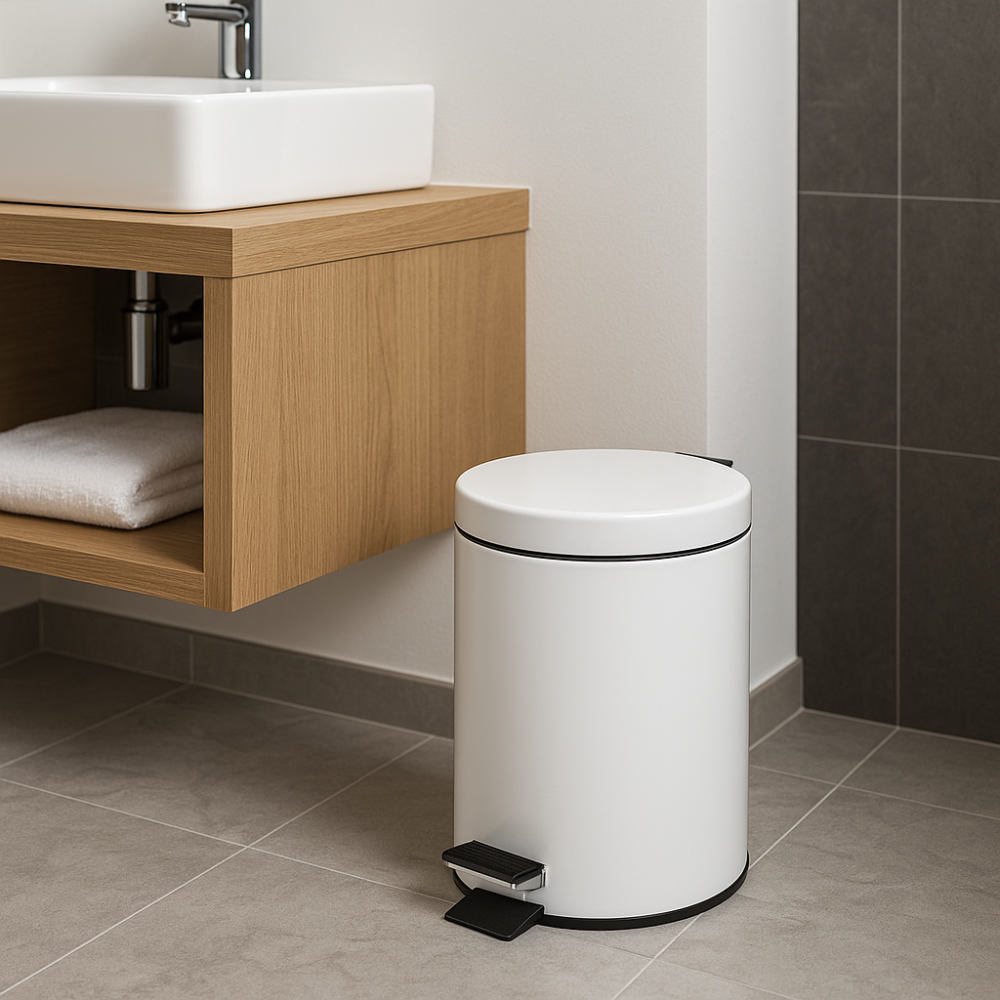 Round 5-litre white plastic pedal bin for kitchen and bathroom