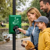 Green post-mounted dog waste bag dispenser