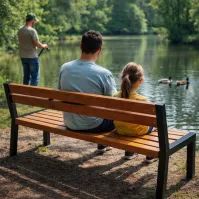 Spruce bench with backrest and black metal frame, 162 cm